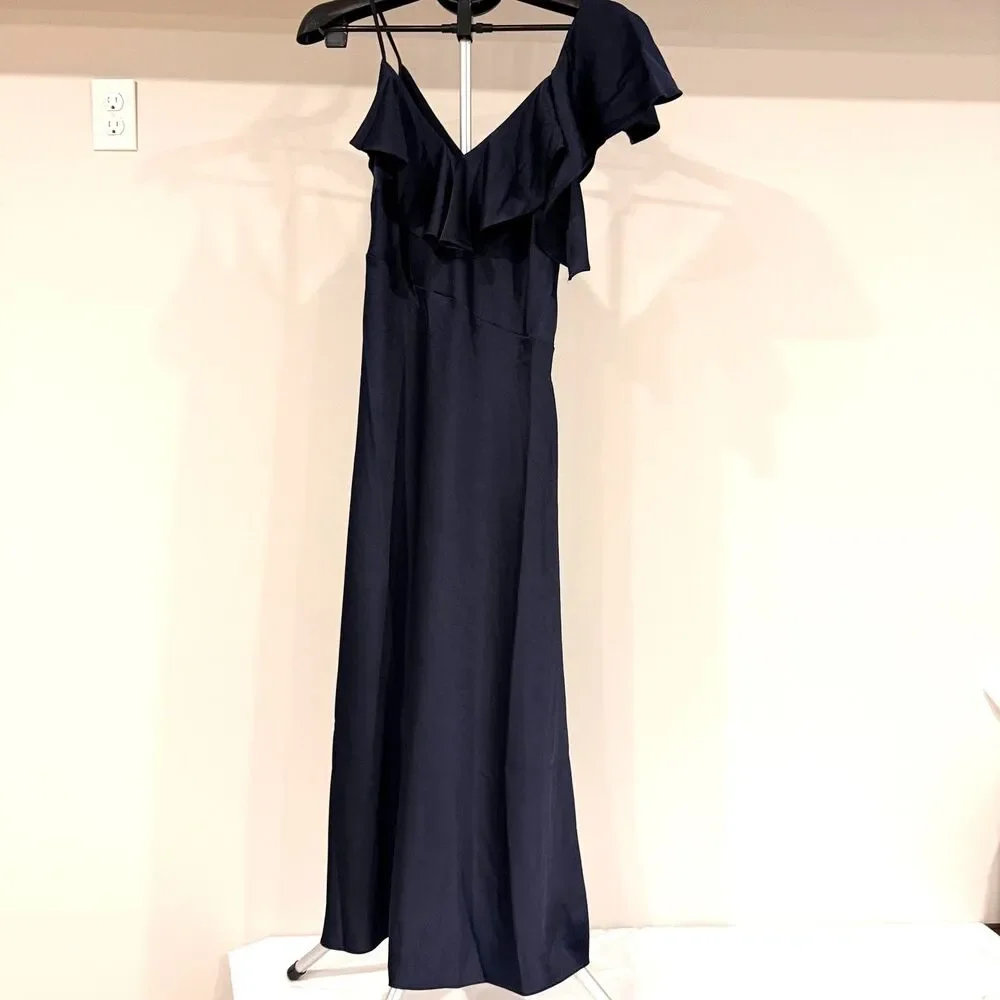 NWT Ted Baker Size 6 Keomi Navy Waterfall Ruffle Satin Bias Cut Midi Dress TB 2 - Picture 4 of 13